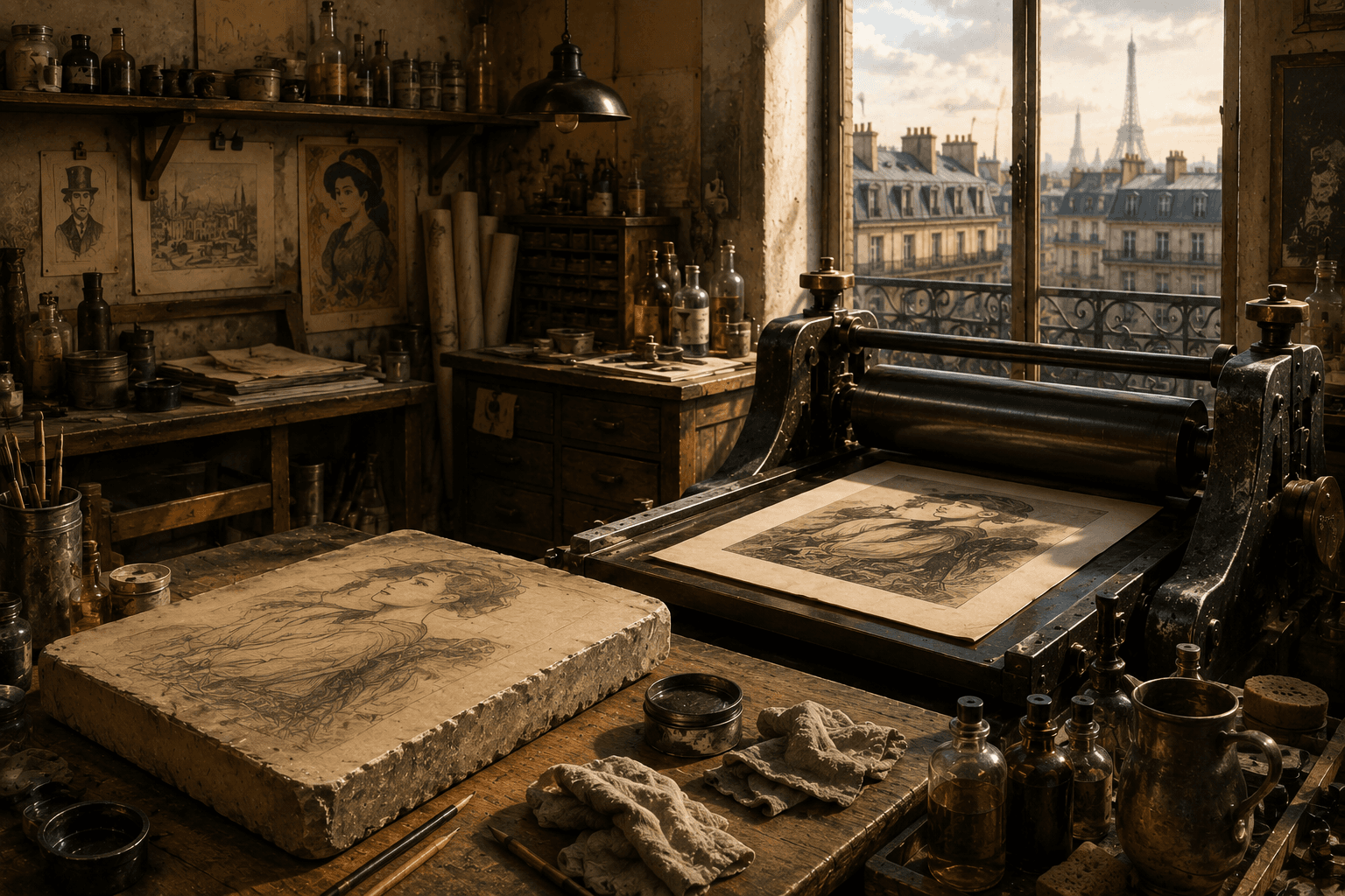 The Master's Press: Paris 1890 — Paris workshop with printing press and limestone slab