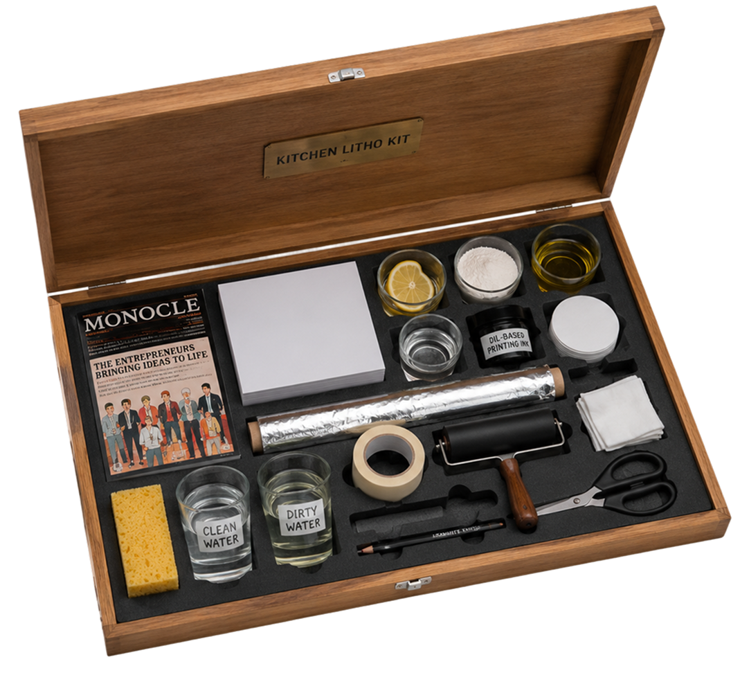 Kitchen Litho Kit — materials and a finished print